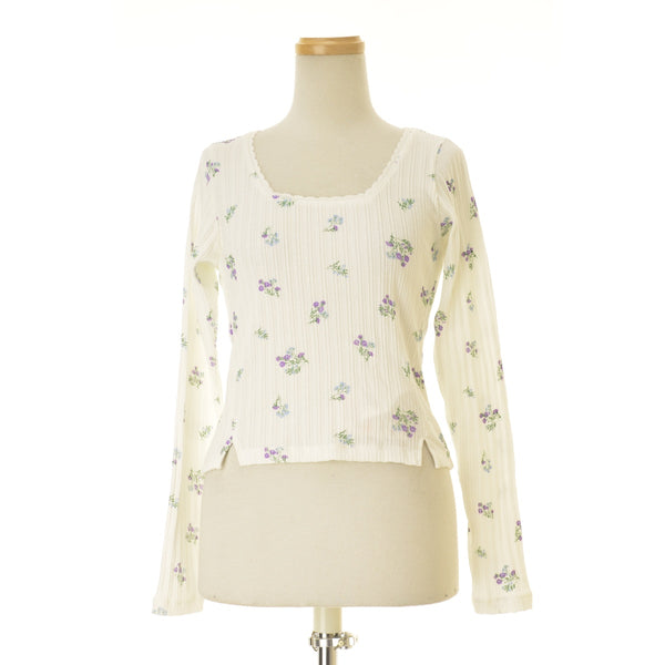 JANE SMITH 26SS 26SCT-#325LF COTTON EYELET RIB FLOWER SQUARE NECK PULLOVER