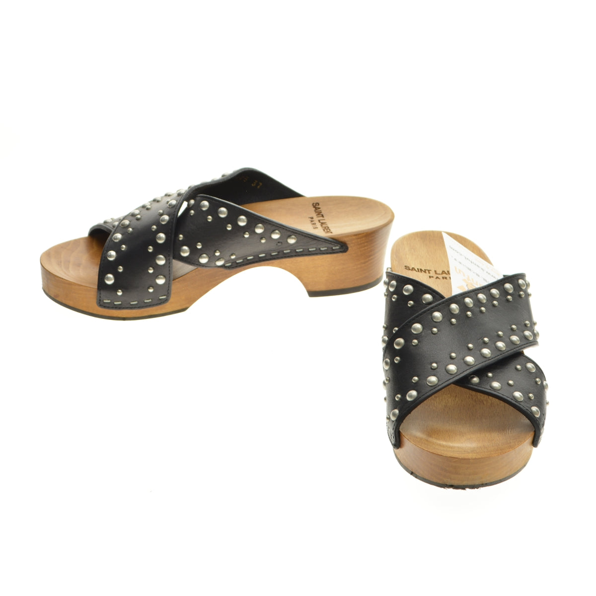 SAINT LAURENT PARIS スタッズ レザーストラップ ウッドソール クロッグ