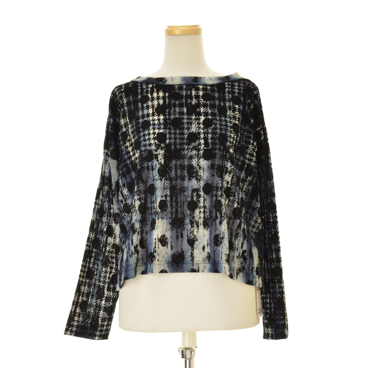 Y'S YM-T19-676 HOUNDTOOTH DOTS TULLE CROPPED ROUND NECK T