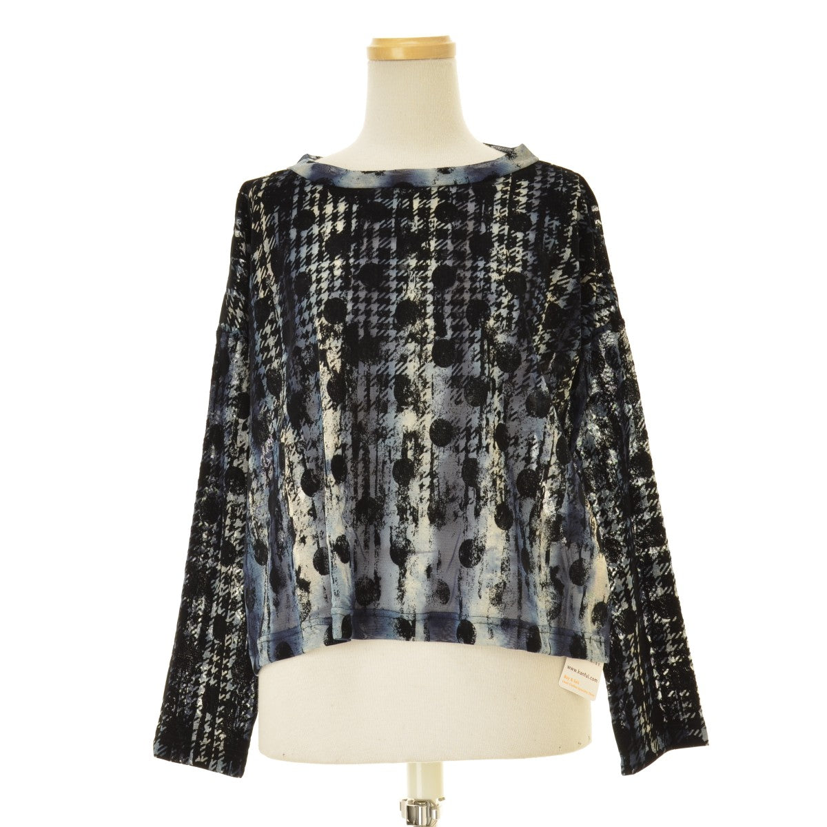 Y'S YM-T19-676 HOUNDTOOTH DOTS TULLE CROPPED ROUND NECK T